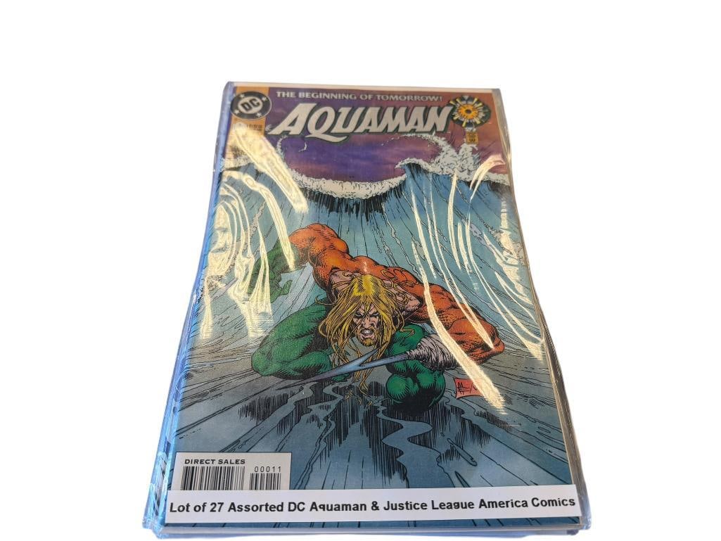 27 ASSORTED DC COMICS AQUAMAN AND JUSTICE LEAGUE COMIC BOOKS: ALL IN PROTECTIVE SLEEVES