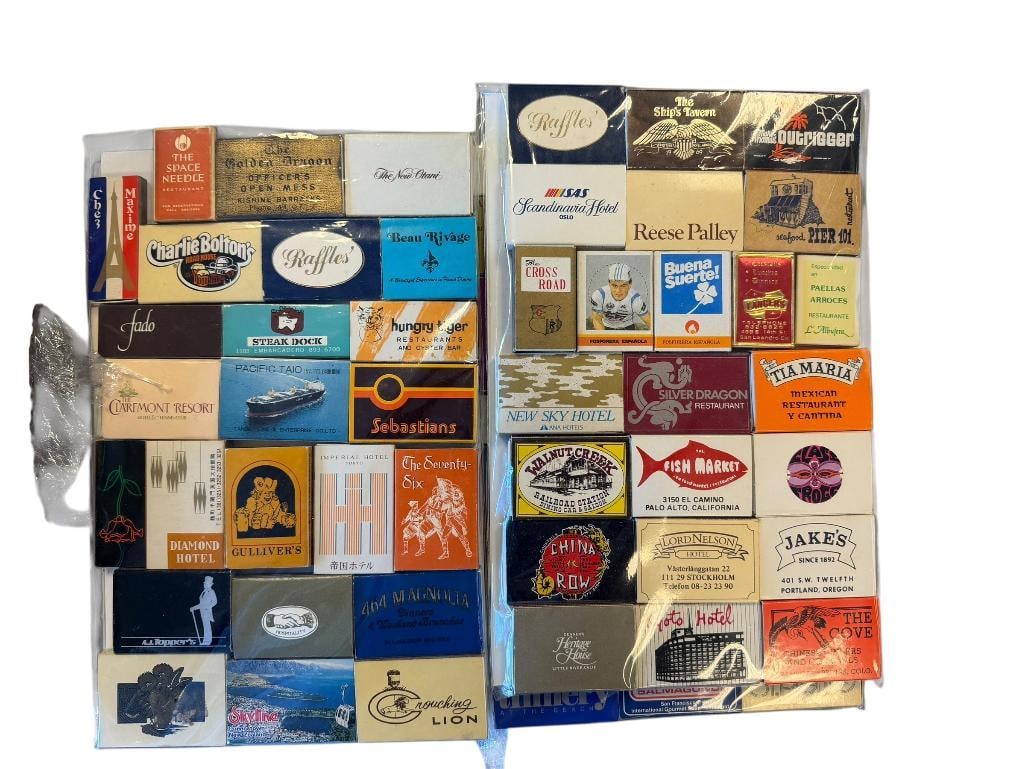 OVER 100 ASSORTED COLLECTIBLE MATCHBOOKS ADVERTISMENT, RESTAURANTS, HOTELS, CASINOS: CONSUELO'S, VICTORIA STATION, VINCE'S, RIVERHOUSE, HERTZ, NIJO CASTLE, AND MANY OTHERS
