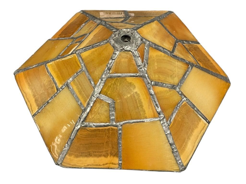 VINTAGE HEXAGONAL AMBER GLASS STONE LOOK PATCHWORK LAMP SHADE WITH LEAD FRAME: 12"