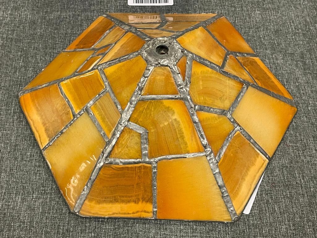 VINTAGE HEXAGONAL AMBER GLASS STONE LOOK PATCHWORK LAMP SHADE WITH LEAD FRAME - 2