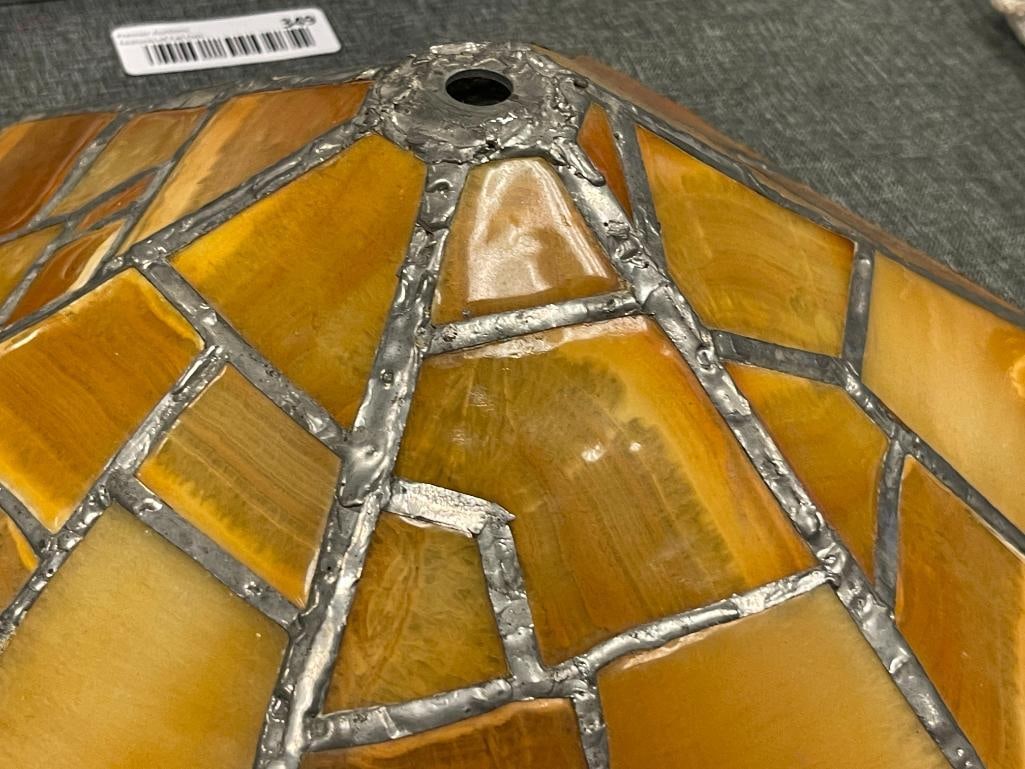VINTAGE HEXAGONAL AMBER GLASS STONE LOOK PATCHWORK LAMP SHADE WITH LEAD FRAME - 4