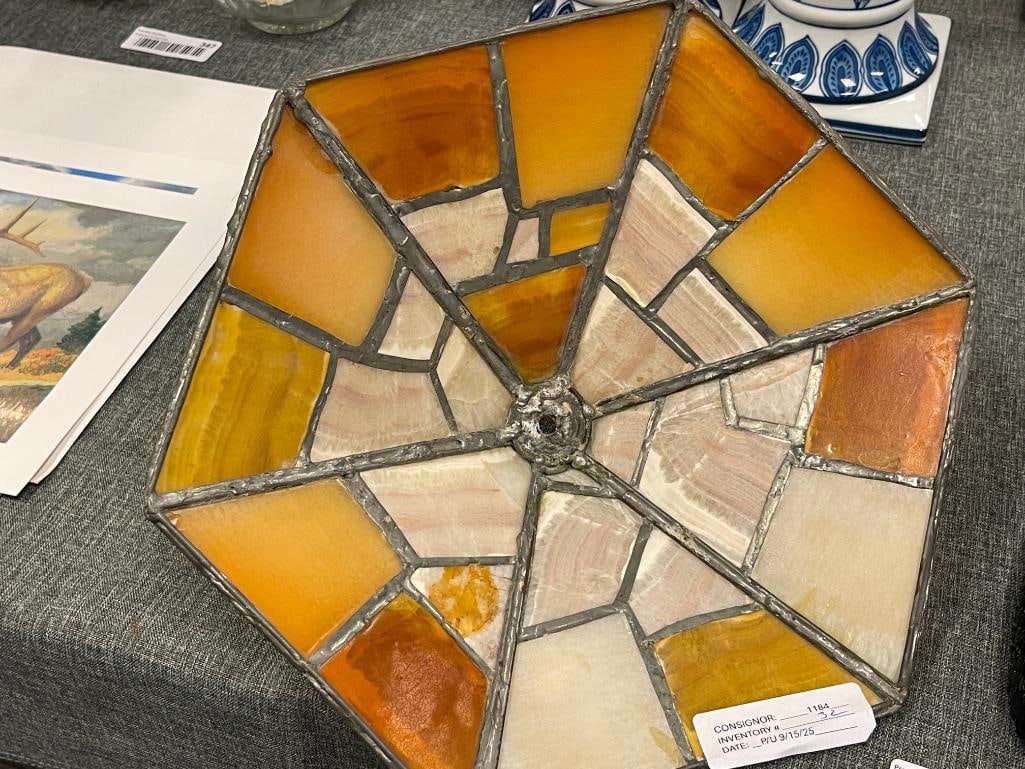 VINTAGE HEXAGONAL AMBER GLASS STONE LOOK PATCHWORK LAMP SHADE WITH LEAD FRAME - 6