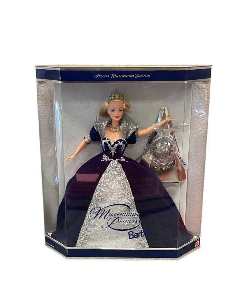 2000 MILLENIUM PRINCESS BARBIE BY MATTEL DOLL WITH KEEPSAKE HAPPY NEW YEAR NO. 24154: IN MINT CONDITION, DOLL HAS NEVER BEEN REMOVED FROM THE PACKAGING, NO MAJOR BOX DAMAGE BESIDES MINOR SCUFFS AND CREASE 