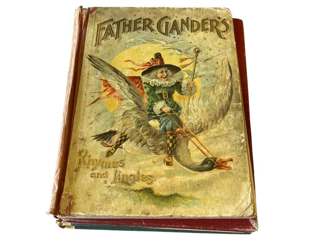 ANTIQUE CHILDRENS BOOKS 1899 FATHER GANDER'S 1940 THE HAPPY PRINCE AND 1942 TEENIE WEENIE TOWN: TEXTILE CLOTH COVER BOOKS, ALL SHOW HEAVY WEAR ALL APPROX. 7" X 9 1/2" 