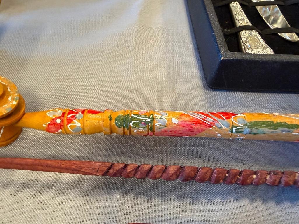 THREE CARVED WOOD SPEARS AND ISTANBUL WOOD CARVED PIPE - 12