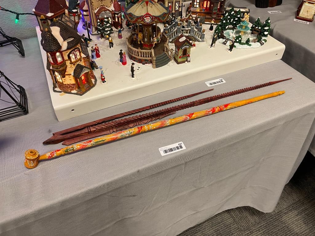 THREE CARVED WOOD SPEARS AND ISTANBUL WOOD CARVED PIPE - 2