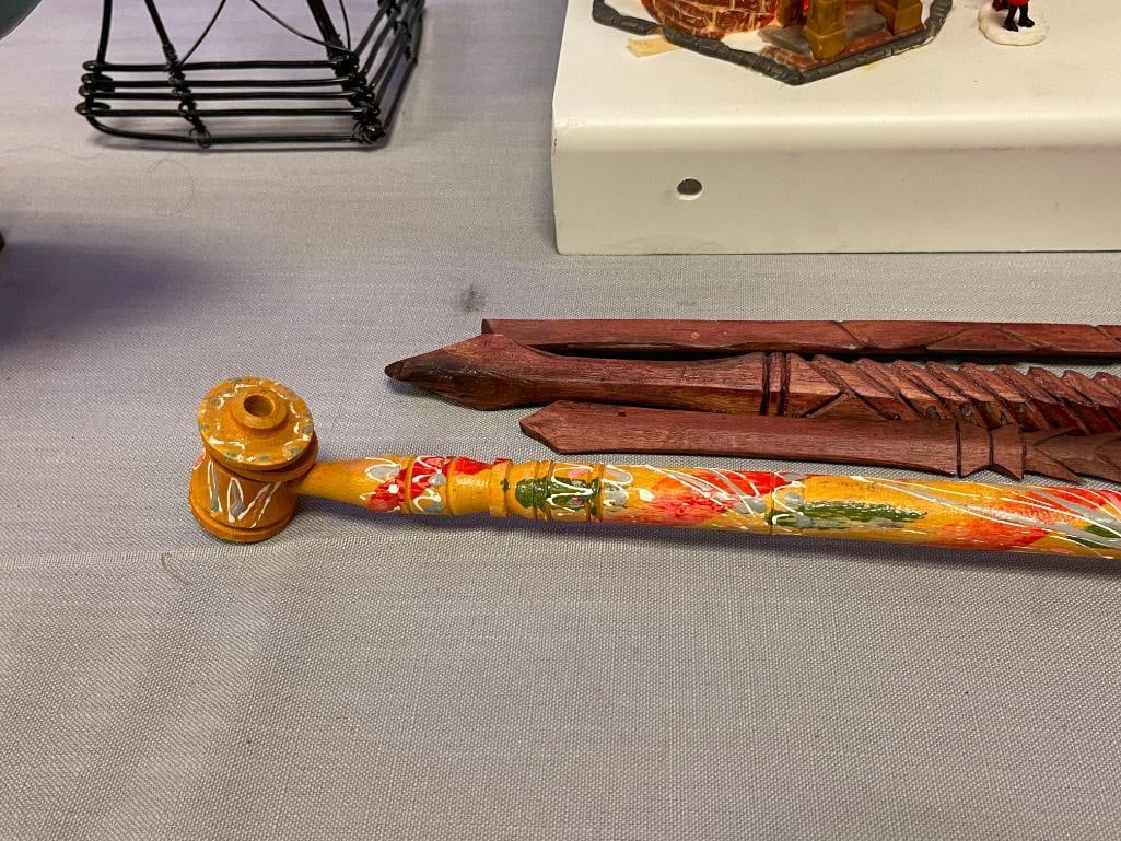 THREE CARVED WOOD SPEARS AND ISTANBUL WOOD CARVED PIPE - 3