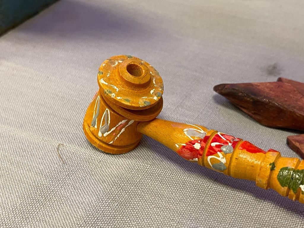 THREE CARVED WOOD SPEARS AND ISTANBUL WOOD CARVED PIPE - 4