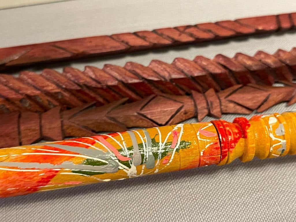 THREE CARVED WOOD SPEARS AND ISTANBUL WOOD CARVED PIPE - 5