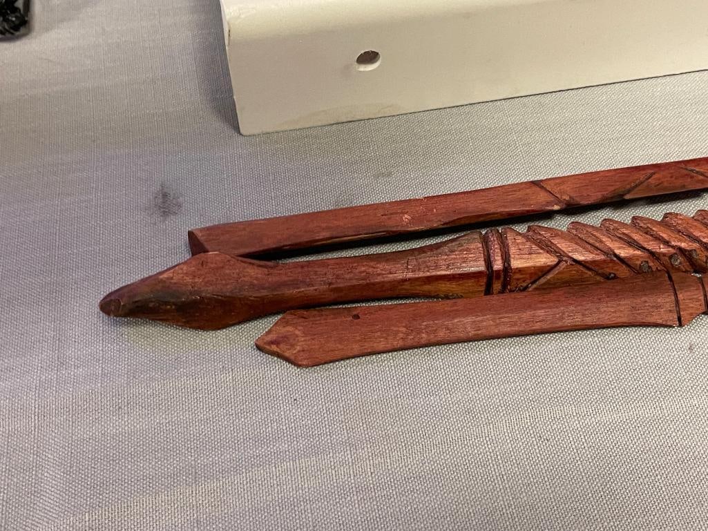 THREE CARVED WOOD SPEARS AND ISTANBUL WOOD CARVED PIPE - 6