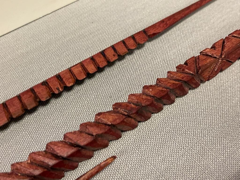 THREE CARVED WOOD SPEARS AND ISTANBUL WOOD CARVED PIPE - 8