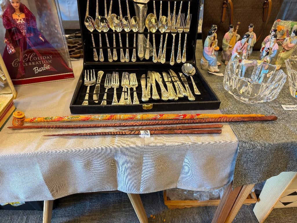 THREE CARVED WOOD SPEARS AND ISTANBUL WOOD CARVED PIPE - 9