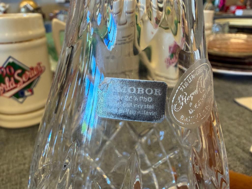 THREE TALL CUT CRYSTL DECANTERS WITH STOPPERS ONE FROM ROYAL GALLERY AND ONE MADE IN CZECHOSLOVAKIA - 10