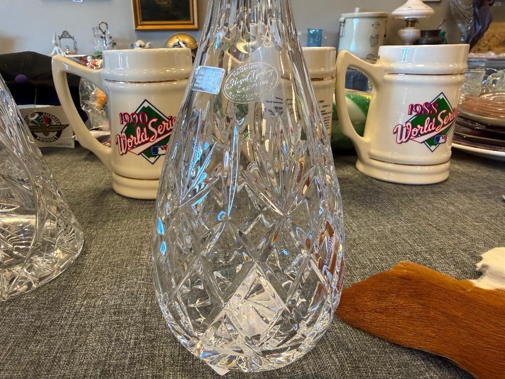 THREE TALL CUT CRYSTL DECANTERS WITH STOPPERS ONE FROM ROYAL GALLERY AND ONE MADE IN CZECHOSLOVAKIA - 11