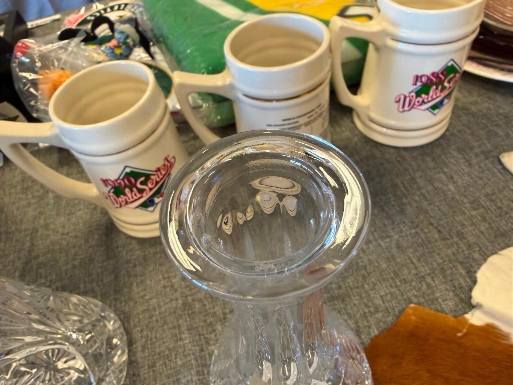 THREE TALL CUT CRYSTL DECANTERS WITH STOPPERS ONE FROM ROYAL GALLERY AND ONE MADE IN CZECHOSLOVAKIA - 13