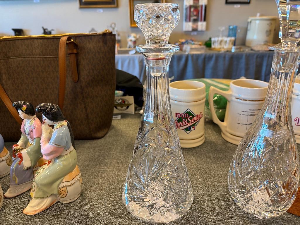 THREE TALL CUT CRYSTL DECANTERS WITH STOPPERS ONE FROM ROYAL GALLERY AND ONE MADE IN CZECHOSLOVAKIA - 14