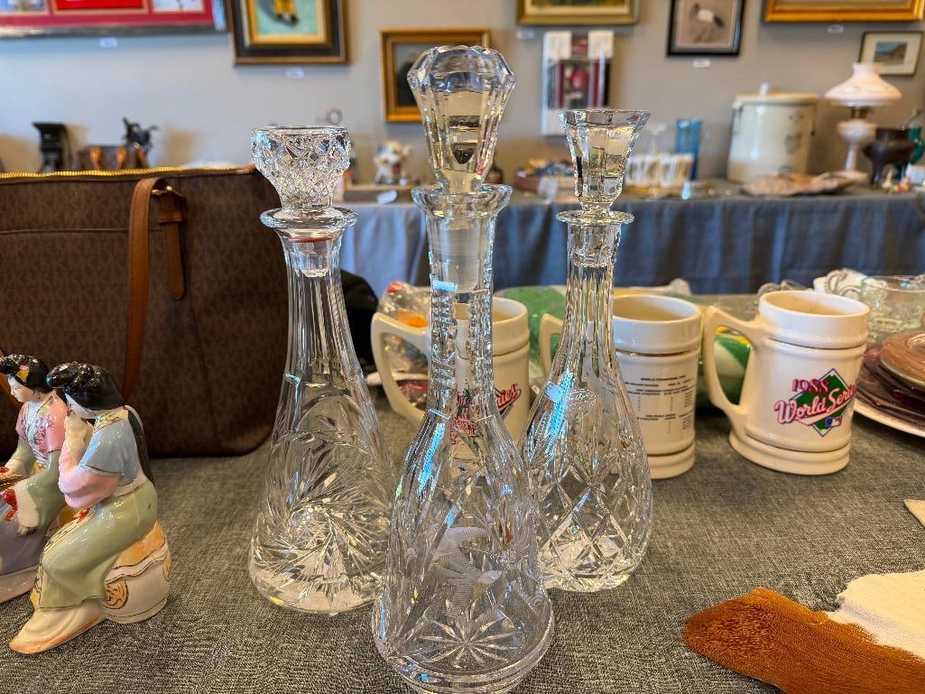 THREE TALL CUT CRYSTL DECANTERS WITH STOPPERS ONE FROM ROYAL GALLERY AND ONE MADE IN CZECHOSLOVAKIA - 2