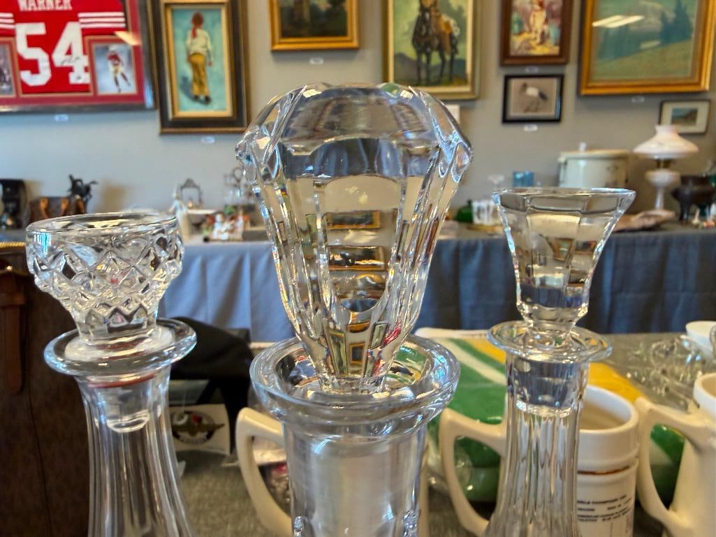 THREE TALL CUT CRYSTL DECANTERS WITH STOPPERS ONE FROM ROYAL GALLERY AND ONE MADE IN CZECHOSLOVAKIA - 3