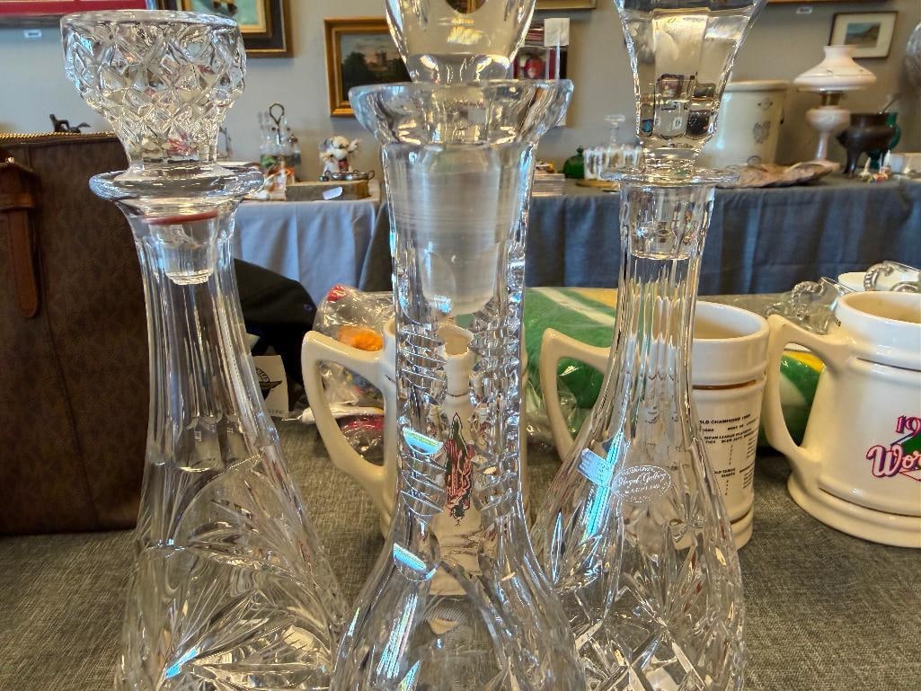 THREE TALL CUT CRYSTL DECANTERS WITH STOPPERS ONE FROM ROYAL GALLERY AND ONE MADE IN CZECHOSLOVAKIA - 4