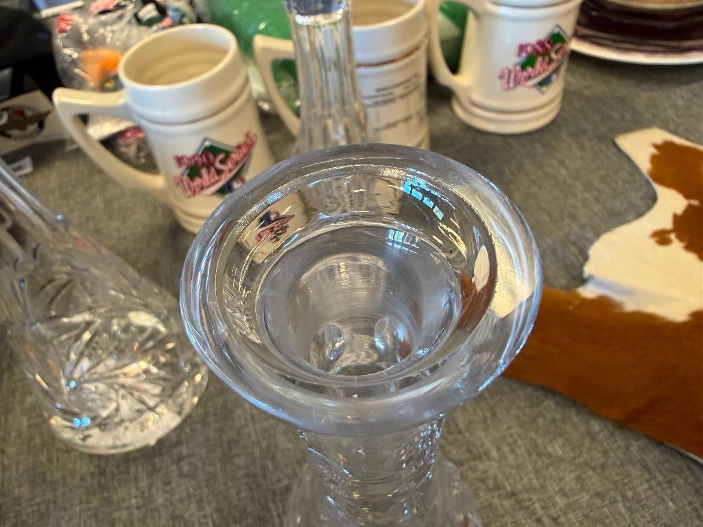 THREE TALL CUT CRYSTL DECANTERS WITH STOPPERS ONE FROM ROYAL GALLERY AND ONE MADE IN CZECHOSLOVAKIA - 6