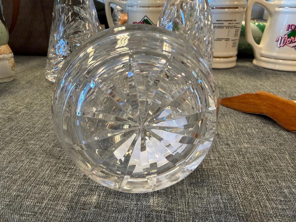 THREE TALL CUT CRYSTL DECANTERS WITH STOPPERS ONE FROM ROYAL GALLERY AND ONE MADE IN CZECHOSLOVAKIA - 7