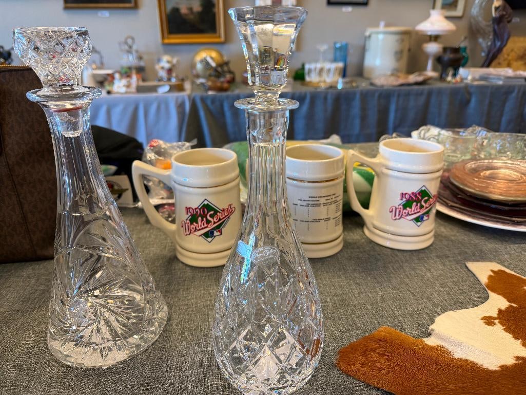 THREE TALL CUT CRYSTL DECANTERS WITH STOPPERS ONE FROM ROYAL GALLERY AND ONE MADE IN CZECHOSLOVAKIA - 8