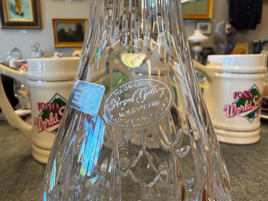 THREE TALL CUT CRYSTL DECANTERS WITH STOPPERS ONE FROM ROYAL GALLERY AND ONE MADE IN CZECHOSLOVAKIA - 9