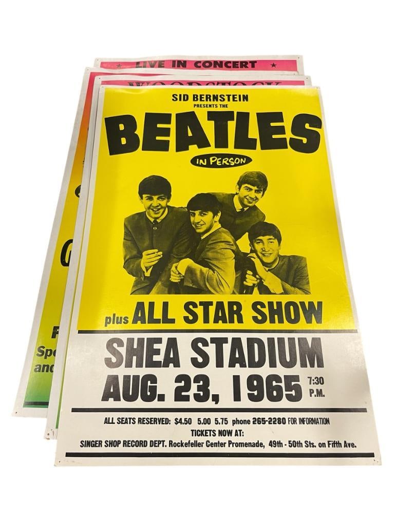 FOUR ROCK N ROLL CONCERT PROMOTIONAL POSTERS THE BEATLES, WOODSTOCK, THE GRATEFUL DEAD REPRINTS: EACH POSTER HAS PINHOLES FROM HANGING IN EACH CORNER 13" X 22" 