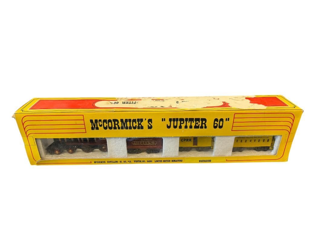 MCCORMICK JUPITER 60 LIMITED EDITION MINIATURE TRAIN DECANTER SET: WITH CONTENTS, INCLUDES ORIGINAL BOX, BOX HAS DAMAGE 