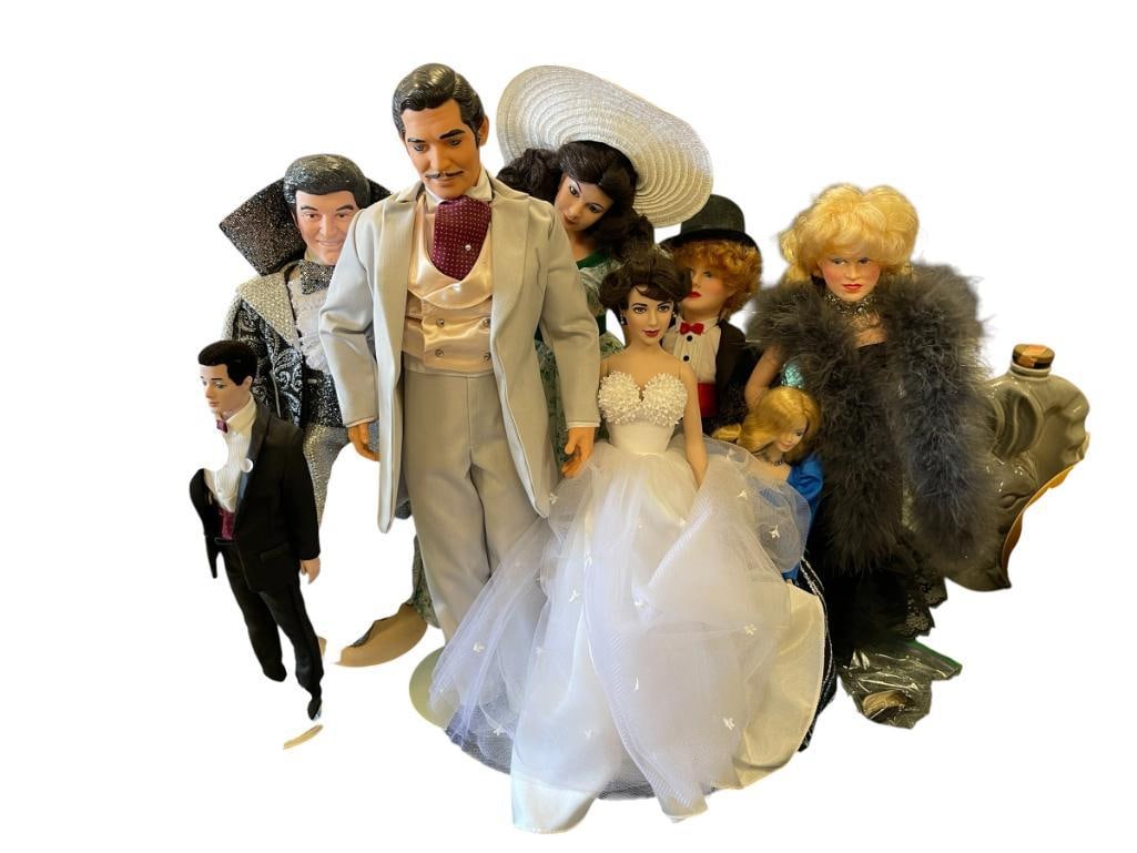 NINE ASSORTED DOLLS FROM EFFANBEE, MATTEL / BARBIE, FRANKLIN MINT: INCLUDES EFFANBEE CLAUDETTE COLBERT CLEOPATRA DOLL IN ORIGINAL BOX, 1986 BARBIE BLUE RHAPSODY DOLL, 30TH ANNIVERSARY KEN DOLL, LIBERACE EFFANBEE DOLL 12 1/2" UP TO 20" H