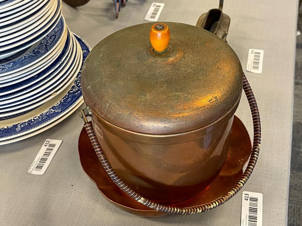 VINTAGE SOLID COPPER FARBER BROTHERS ICE BUCKET WITH GLASS LINER AND HAND MADE COPPER BOWL - 2