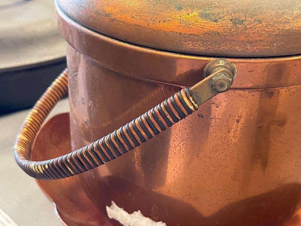 VINTAGE SOLID COPPER FARBER BROTHERS ICE BUCKET WITH GLASS LINER AND HAND MADE COPPER BOWL - 4