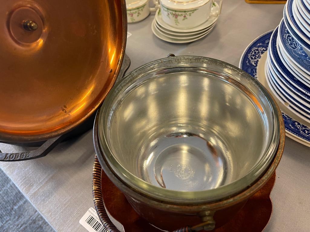 VINTAGE SOLID COPPER FARBER BROTHERS ICE BUCKET WITH GLASS LINER AND HAND MADE COPPER BOWL - 5