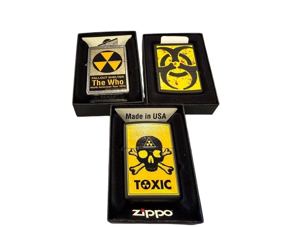 THREE ZIPPO FALLOUT / NUCLEAR BUTANE LIGHTERS LIKE-NEW: EACH LIGHTER HAS NUCLEAR / TOXIC THEME, EACH IN ORIGINAL BOX 