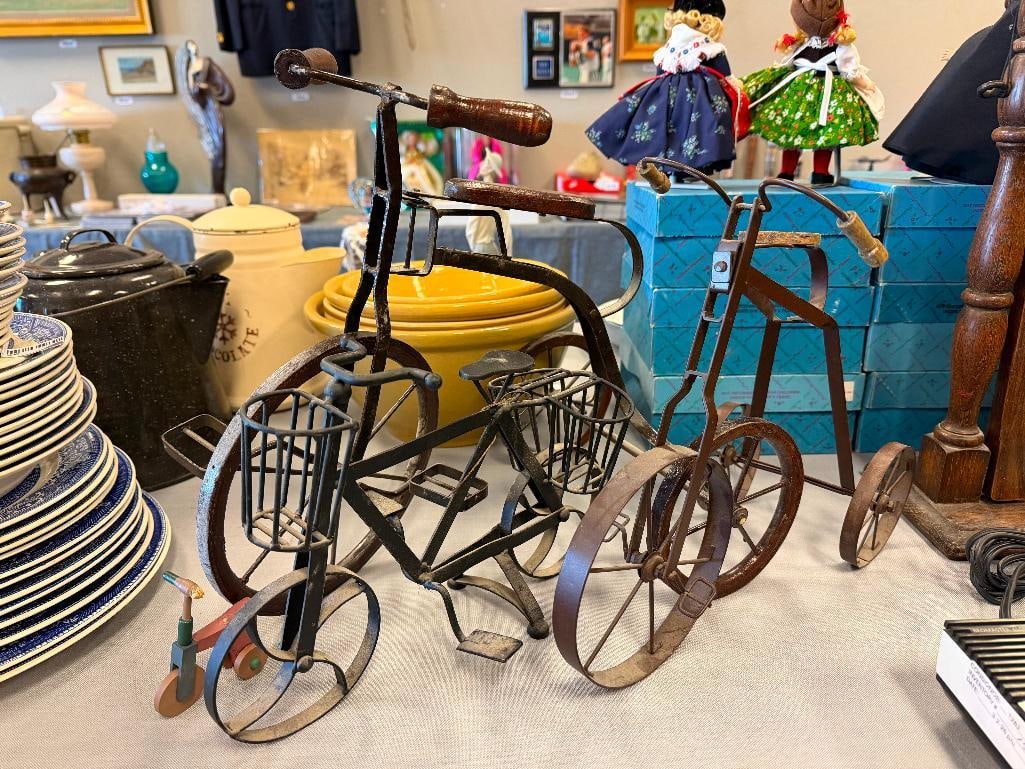 FOUR METAL AND WOOD DECORATIVE TOY / DOLL BICYCLE AND TRICYCLES - 2