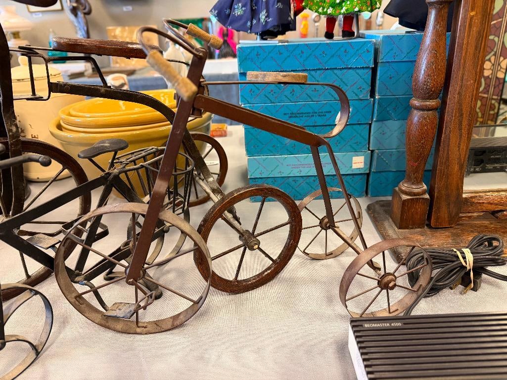 FOUR METAL AND WOOD DECORATIVE TOY / DOLL BICYCLE AND TRICYCLES - 3