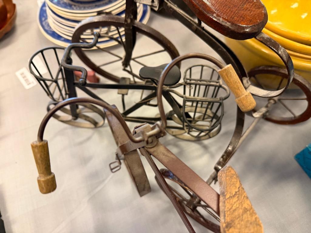 FOUR METAL AND WOOD DECORATIVE TOY / DOLL BICYCLE AND TRICYCLES - 4