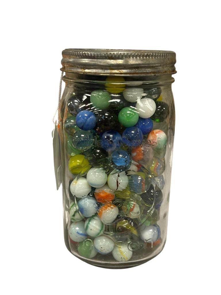 MSON JAR FILLED WITH APPROX. 3 LBS OF MARBLES INCLUDING FEW FLUORESCENT MARBLES - 10