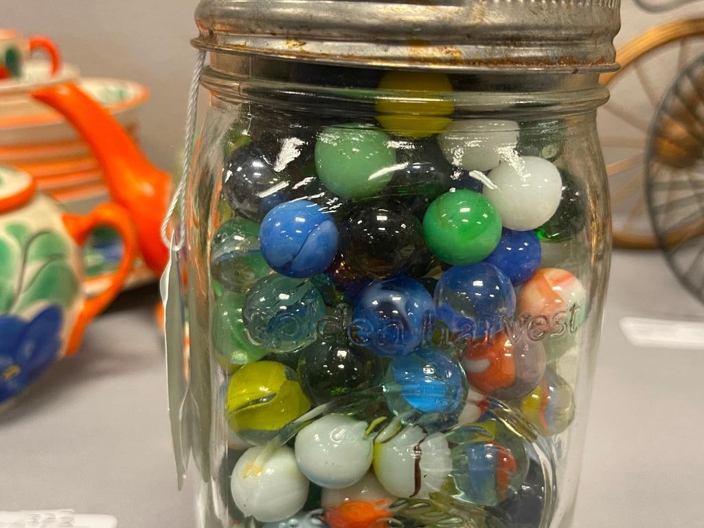 MSON JAR FILLED WITH APPROX. 3 LBS OF MARBLES INCLUDING FEW FLUORESCENT MARBLES - 2
