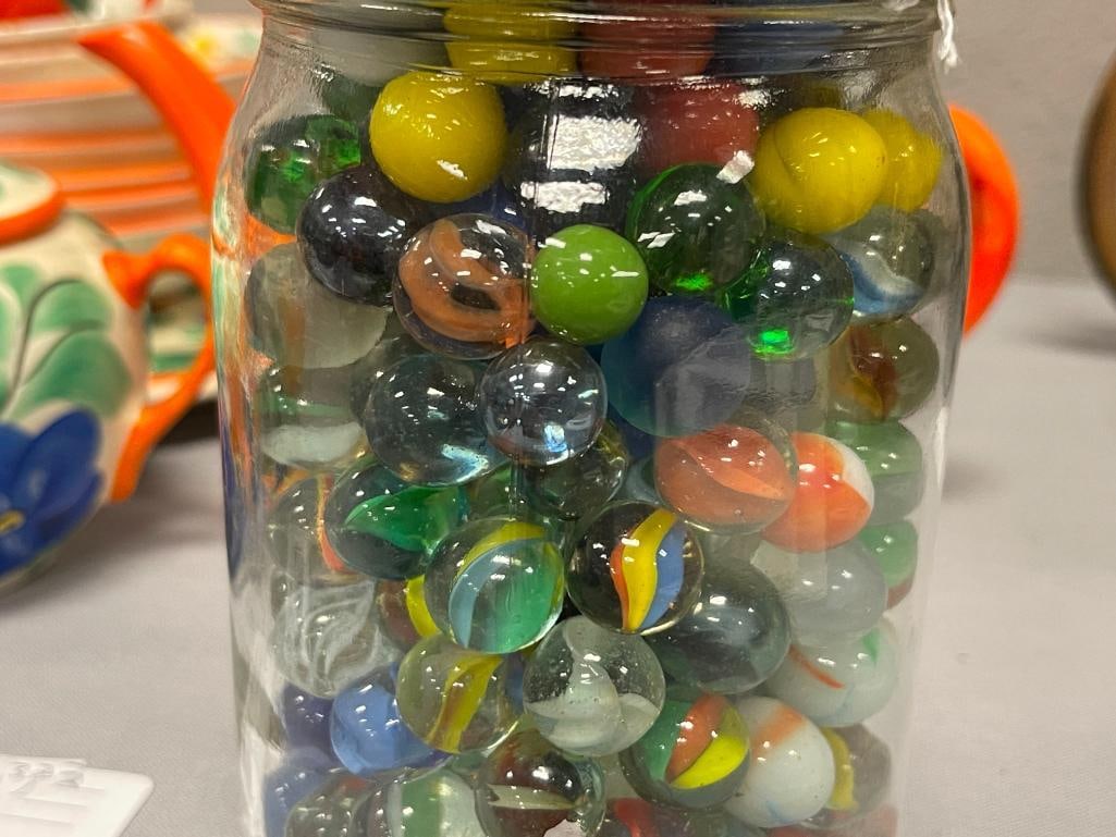 MSON JAR FILLED WITH APPROX. 3 LBS OF MARBLES INCLUDING FEW FLUORESCENT MARBLES - 5