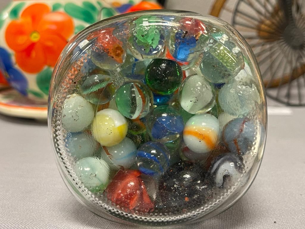 MSON JAR FILLED WITH APPROX. 3 LBS OF MARBLES INCLUDING FEW FLUORESCENT MARBLES - 6