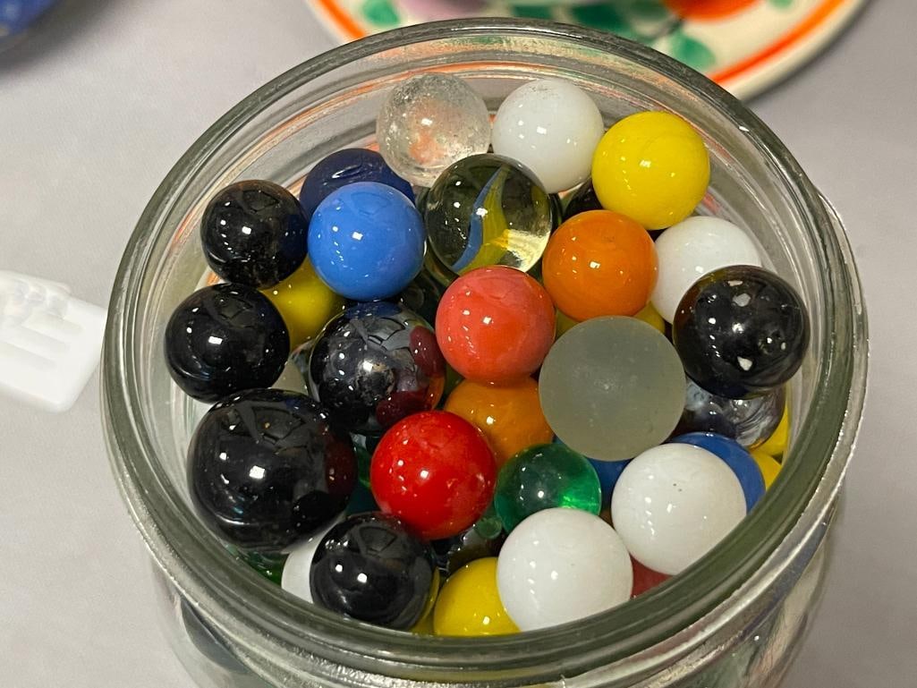 MSON JAR FILLED WITH APPROX. 3 LBS OF MARBLES INCLUDING FEW FLUORESCENT MARBLES - 7