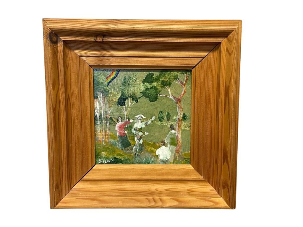 HAROLD BILSON ICELANDIC ARTIST ORIGINAL OIL ON MASONITE BOARD WHIMSICAL PAINITNG: ART DEPICTS FOUR WHIMSICAL FIGURES WITH RAINBOW AND TREES, SIGNED LOWER LEFT, FRAMED 11" X 11" FRAME