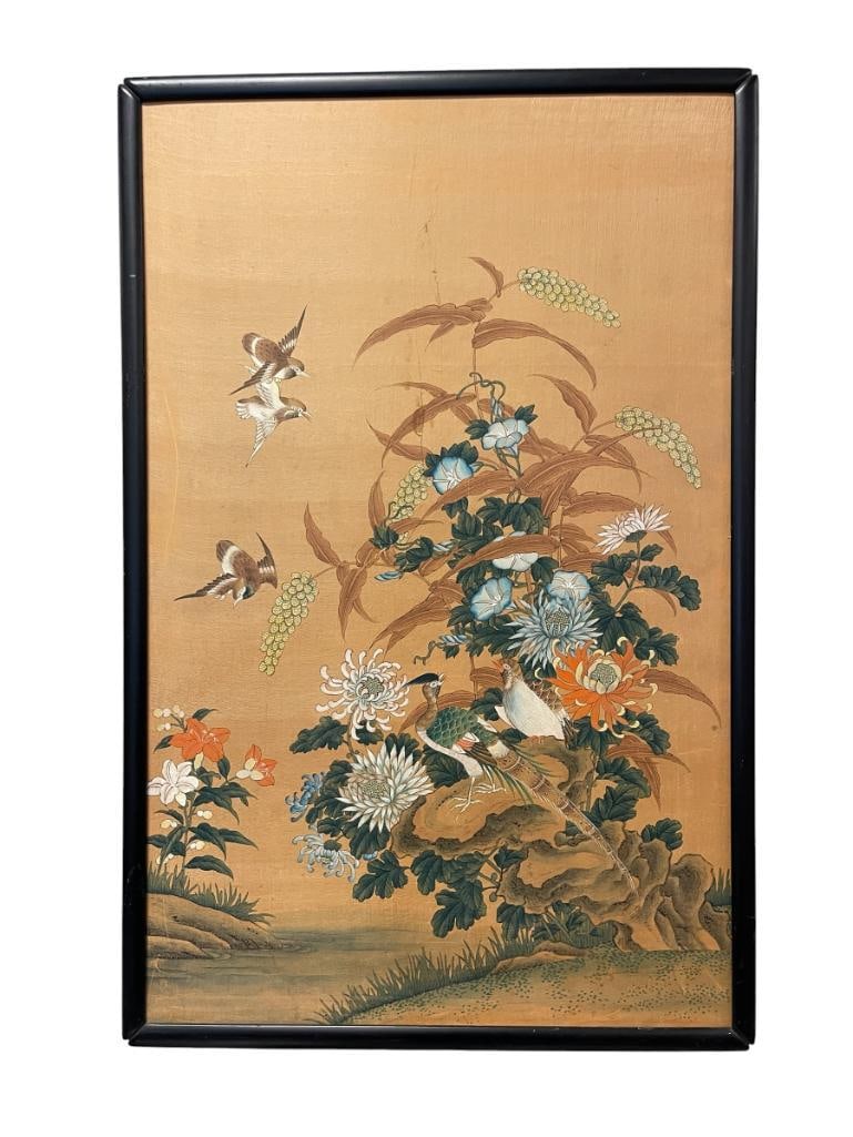 JAPANESE EDO PERIOD INK AND WATERCOLOR ON BOARD BIRDS AND FLOWERS: ORIGINAL PAINTING ON BOARD DEPICTS BIRDS GATHERING AROUND FLOWERS, SHOWS WEAR, FRAMED 26 1/2" X 40 1/2" FRAME 