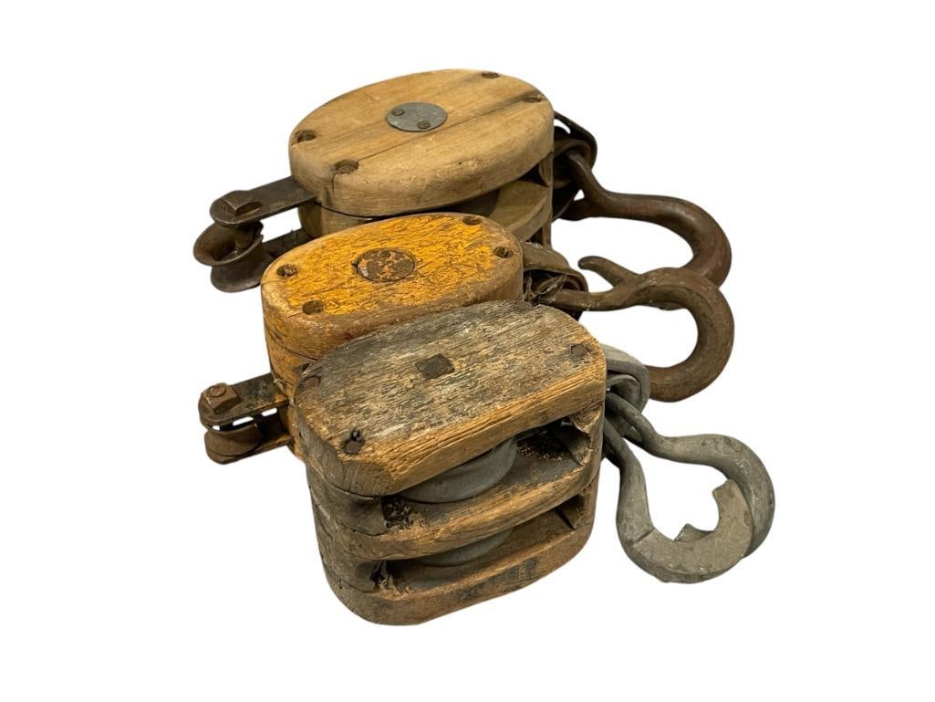 THREE ANTIQUE WOOD BLOCK TWO WHEEL PULLEYS ONE MADE BY MADESCO PRODUCTS (1 of 11)