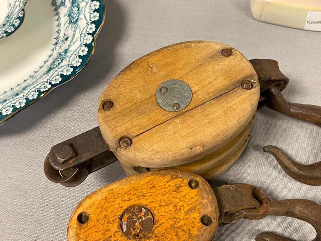 THREE ANTIQUE WOOD BLOCK TWO WHEEL PULLEYS ONE MADE BY MADESCO PRODUCTS - 2