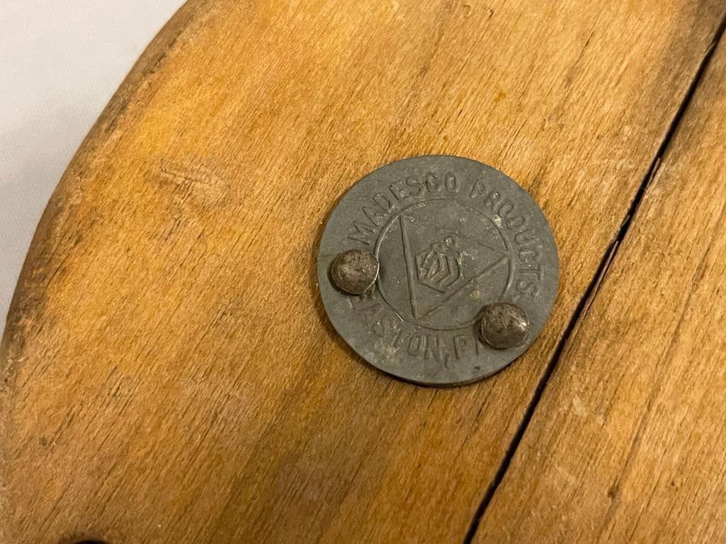 THREE ANTIQUE WOOD BLOCK TWO WHEEL PULLEYS ONE MADE BY MADESCO PRODUCTS - 3