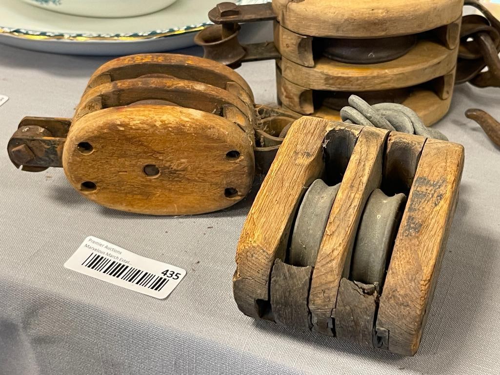 THREE ANTIQUE WOOD BLOCK TWO WHEEL PULLEYS ONE MADE BY MADESCO PRODUCTS - 5