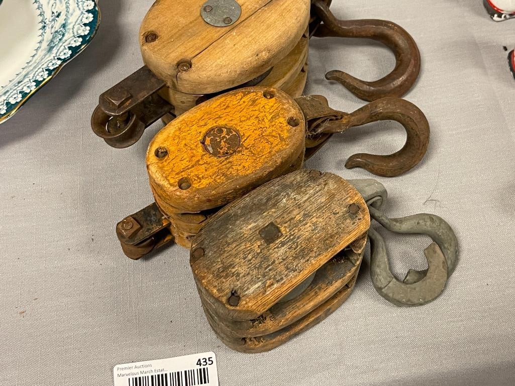 THREE ANTIQUE WOOD BLOCK TWO WHEEL PULLEYS ONE MADE BY MADESCO PRODUCTS - 7