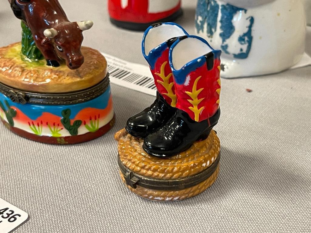 PORCELAIN AND CERAMIC FIGURAL TRINKET BOXES COWBOY BOOTS, BULL RIDER AND FOLGERS CAN - 2